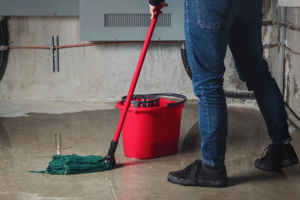 Person wischt den Boden im Keller.